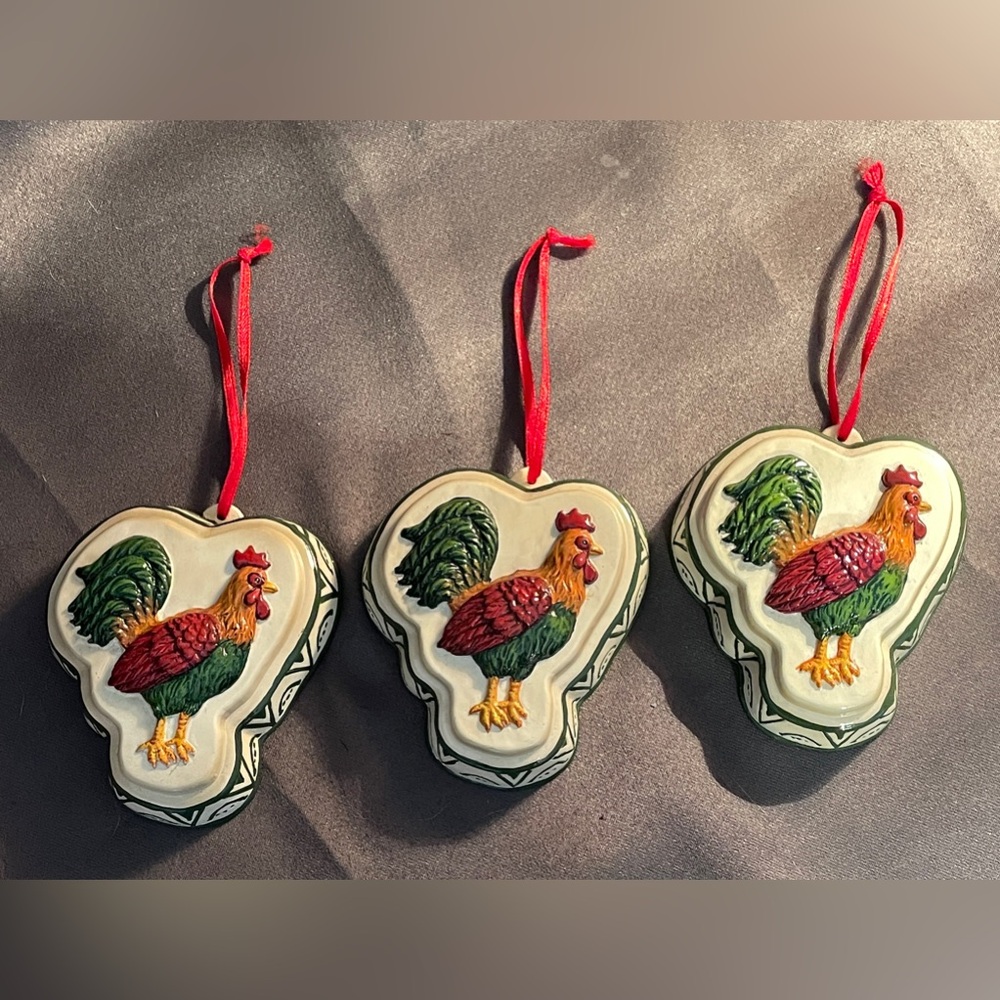 Rooster Ceramic Cookie Mold Ornaments, Set of Three, About 3” High